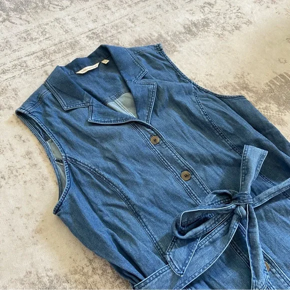 Soft Surroundings Blue Denim Sleeveless‎ Button Up Tie Waist MIDI Dress Medium - Picture 4 of 10